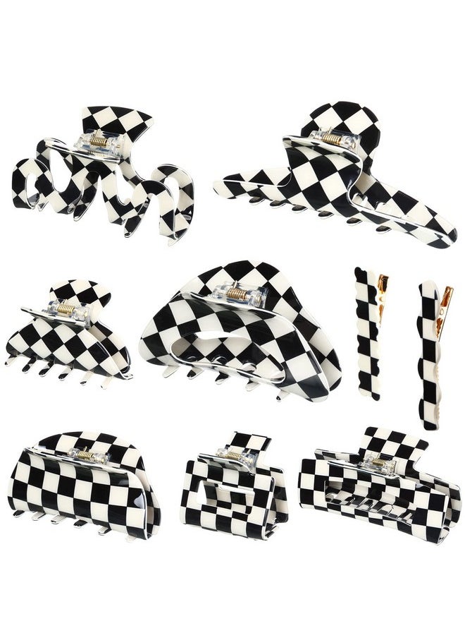 Cindeer - 9 Pcs Checkered Claw Clips Black And White Hair Clips Tortoise Barrettes Claw Nonslip Grip Hair Barrettes For Women Lattice Design Jaw Clip Teeth Clamp Styling Aesthetic Accessories For Women Girls - Image 1