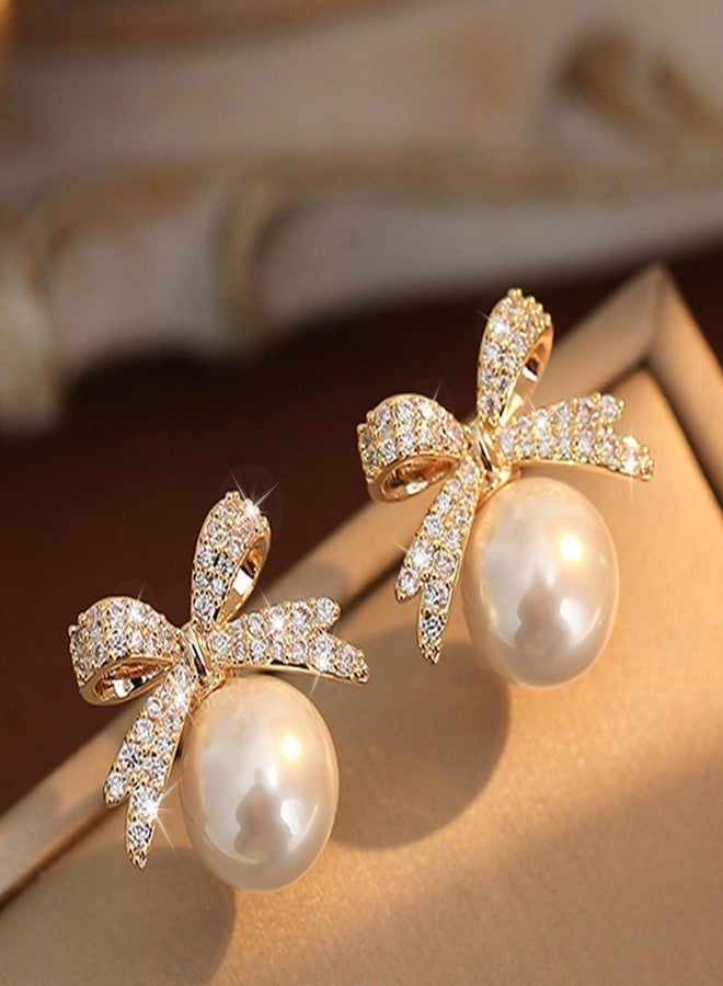 Frodete Gold Pearl Bow Earrings for Women Trendy Sparkly Rhinestone Chain Tassel Earrings Bow Pearl Dangle Earrings Daily Party Jewerly Gifts Prom Dress Accessories - Image 4