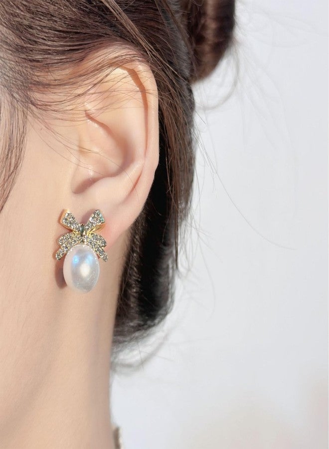 Frodete Gold Pearl Bow Earrings for Women Trendy Sparkly Rhinestone Chain Tassel Earrings Bow Pearl Dangle Earrings Daily Party Jewerly Gifts Prom Dress Accessories - Image 2