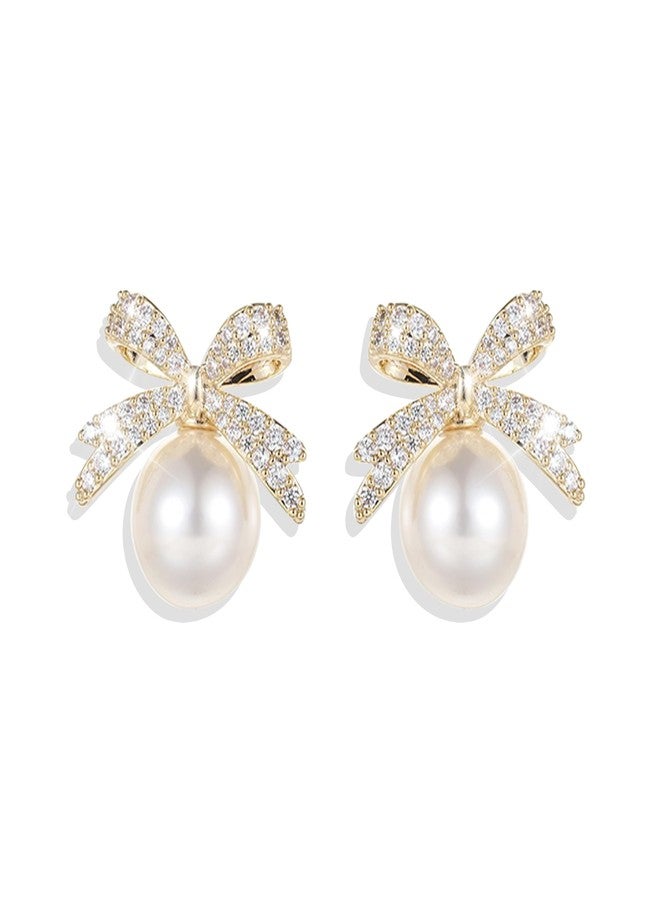 Frodete Gold Pearl Bow Earrings for Women Trendy Sparkly Rhinestone Chain Tassel Earrings Bow Pearl Dangle Earrings Daily Party Jewerly Gifts Prom Dress Accessories - Image 1