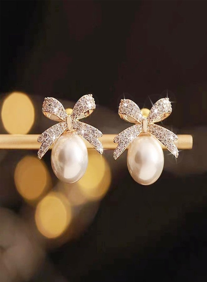Frodete Gold Pearl Bow Earrings for Women Trendy Sparkly Rhinestone Chain Tassel Earrings Bow Pearl Dangle Earrings Daily Party Jewerly Gifts Prom Dress Accessories - Image 5
