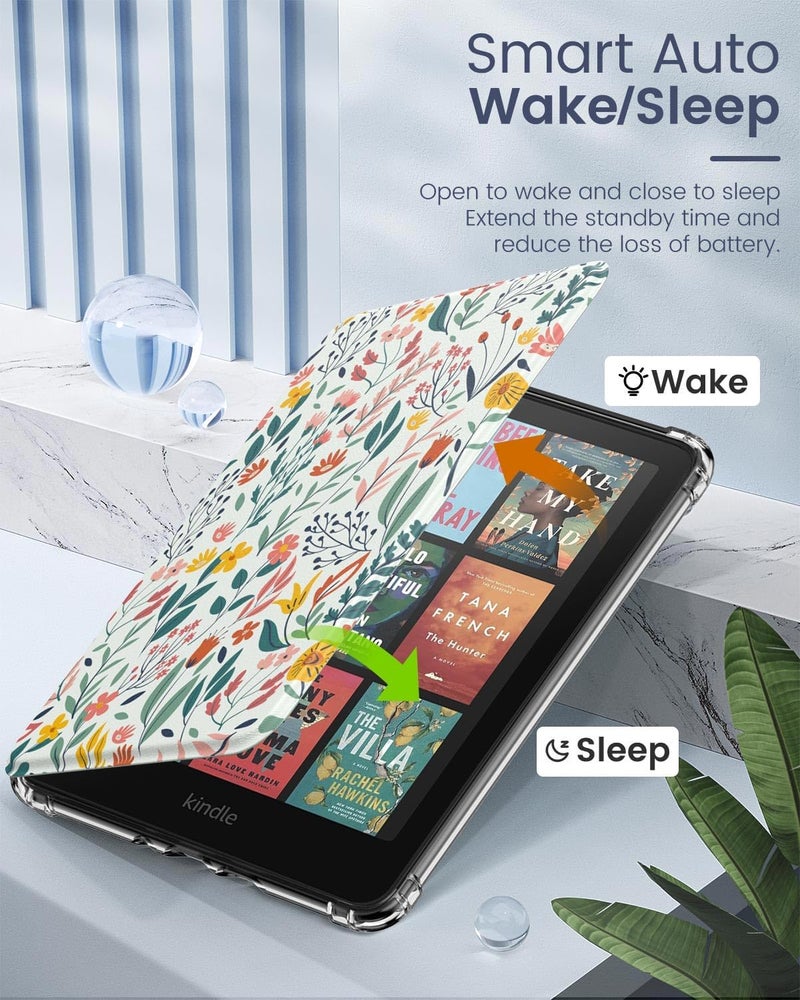 موكو غطاء لجهاز Kindle Paperwhite الجديد تمامًا مقاس 7 بوصة من الجيل الثاني عشر 2024 وإصدار Kindle Colorsoft التوقيعي 2024، غطاء خلفي شفاف مرن ناعم فائق الوضوح من TPU مع غلاف خفيف بميزة الإيقاظ/النوم التلقائي، زهور - Image 5