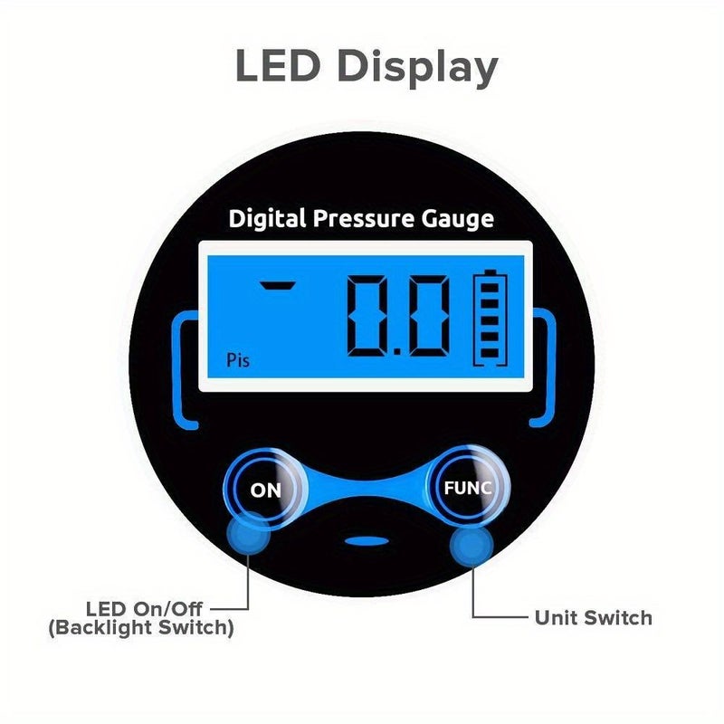 مضخة إطارات رقمية زرقاء مع محول صمام بريستا وشريدر، مقياس دقة 0.1 PSI للسيارات والشاحنات والدراجات النارية والدراجات الهوائية، هيكل معدني متين، شاشة سهلة القراءة، أداة صيانة مركبات مدمجة للسفر، 10 قطع. - Image 3