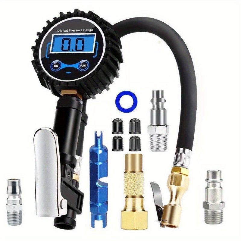 مضخة إطارات رقمية زرقاء مع محول صمام بريستا وشريدر، مقياس دقة 0.1 PSI للسيارات والشاحنات والدراجات النارية والدراجات الهوائية، هيكل معدني متين، شاشة سهلة القراءة، أداة صيانة مركبات مدمجة للسفر، 10 قطع. - Image 1