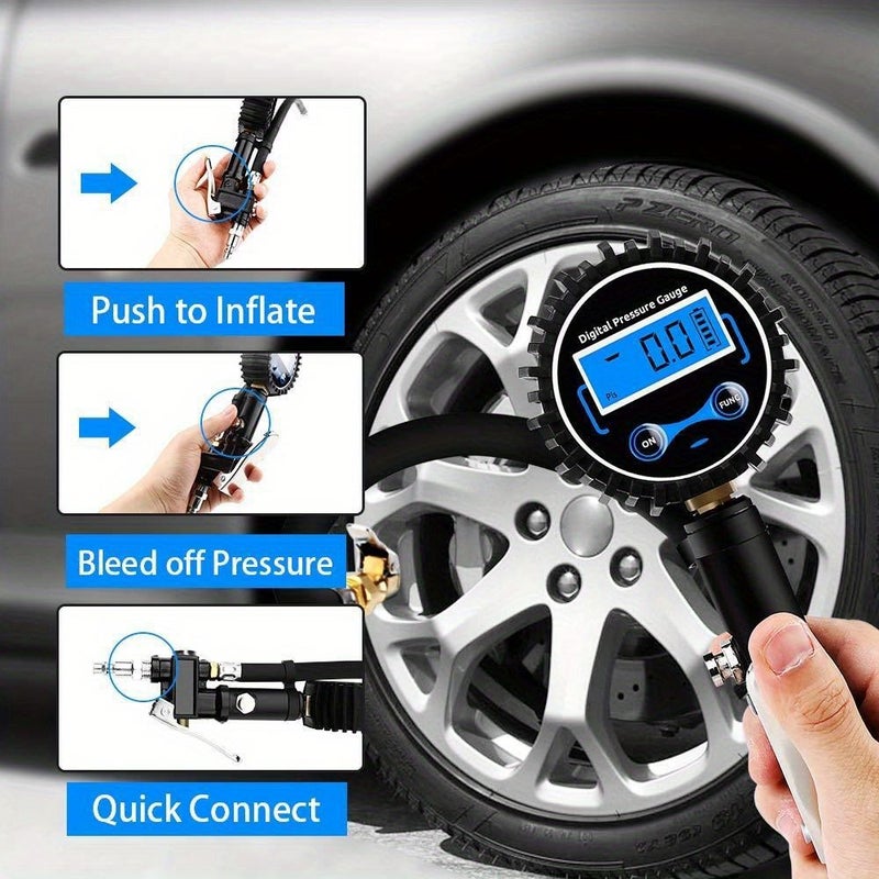 مضخة إطارات رقمية زرقاء مع محول صمام بريستا وشريدر، مقياس دقة 0.1 PSI للسيارات والشاحنات والدراجات النارية والدراجات الهوائية، هيكل معدني متين، شاشة سهلة القراءة، أداة صيانة مركبات مدمجة للسفر، 10 قطع. - Image 4
