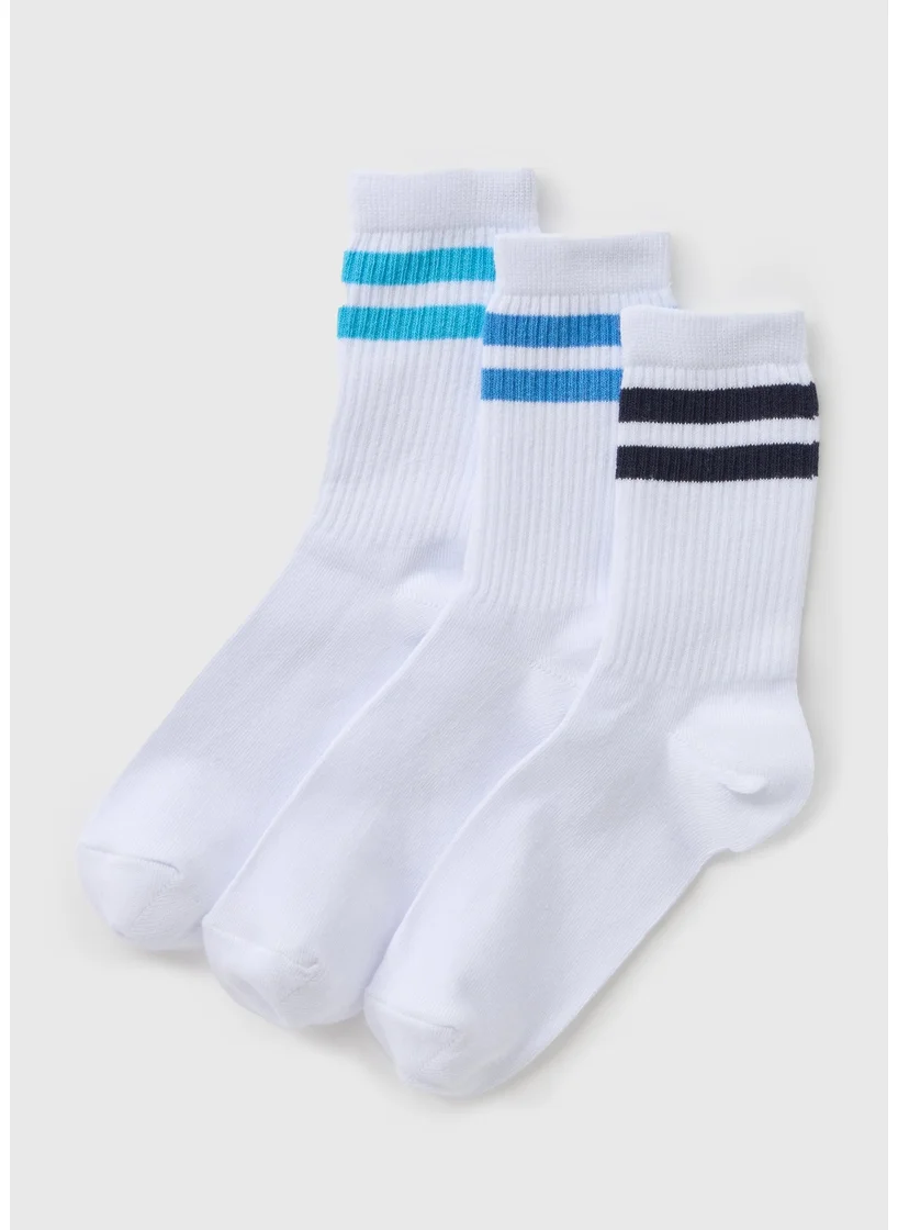 Matalan 3 Pack White Blue Stripe Sports Socks