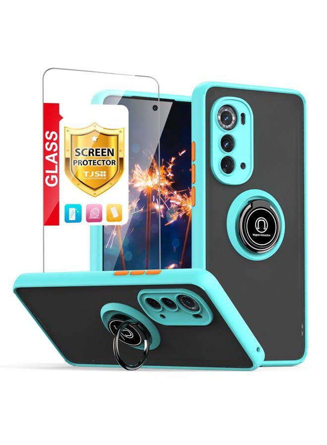 TJ's Compatible for Motorola Moto Edge 2022 Case, Edge 5G UW 2022 Case, with [Tempered Glass Screen Protector] Defender Metal Ring Kickstand Magnetic Support Drop Protective Phone Case (Light Blue) - Image 1
