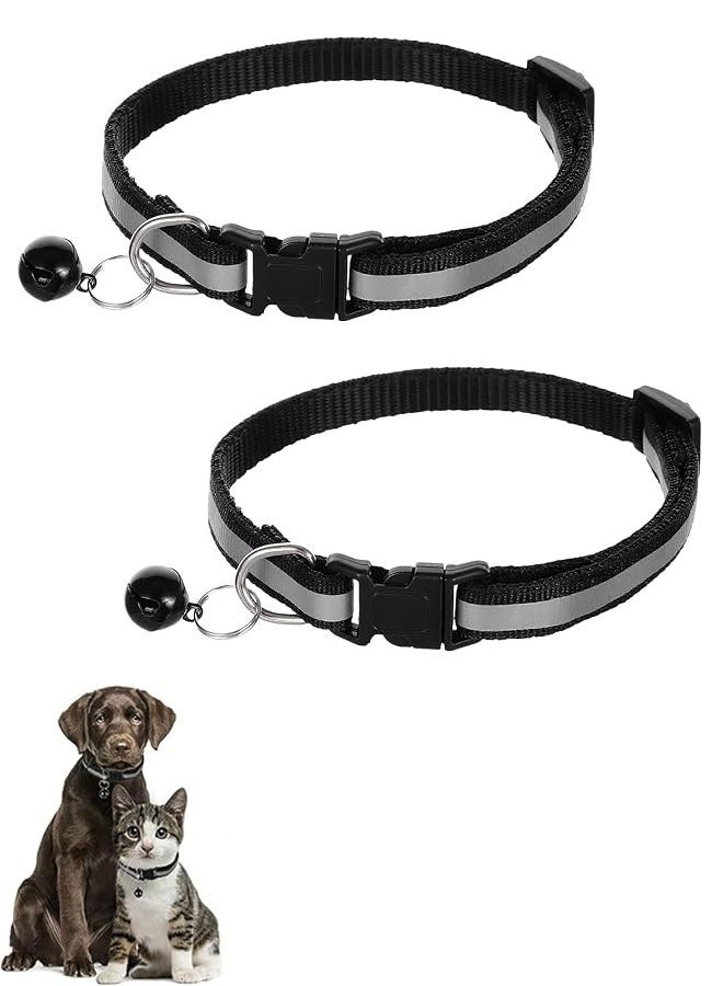 طوقان أسودان للكلاب مع جرس، أطواق عاكسة للضوء، قابلة للتعديل لتناسب الكلاب الصغيرة جدًا (XS)، أطواق أمان للقطط الصغيرة قابلة للتعديل من 7.5 إلى 12.6 بوصة (أسود) - Image 1