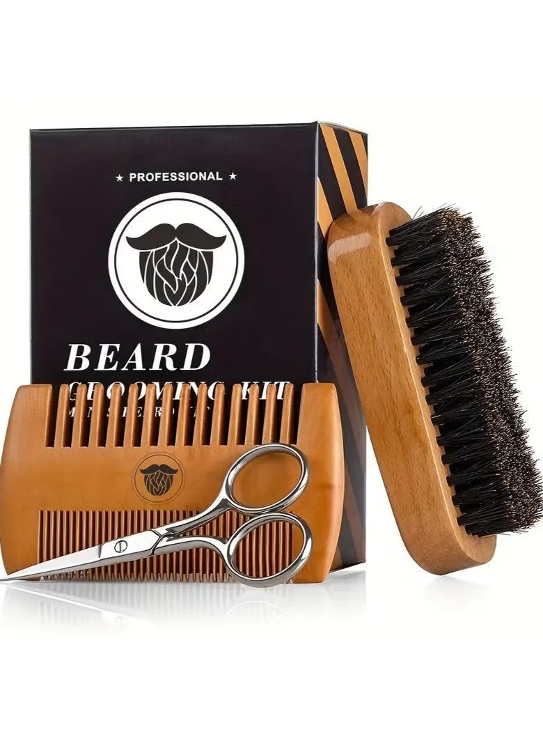 جيكومو طقم لحية وشمش خشبي للرجال - مثالي للحية، شعر الرأس والشوارب مجموعة عناية للرجال، تحتوي على مشط خشبي، فرشاة شعيرات، مقص، هدية عيد الأب - Image 1