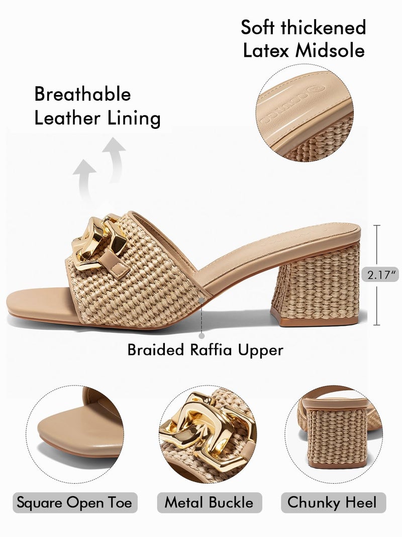 Coutgo Womens Raffia Slide Sandals Chunky Block Heeled Square Open Toe Metal Chain Slip on Mules Dressy Shoes, Coffee, Size 8.5 - Image 4