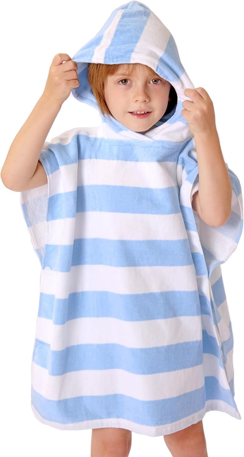 TBEZY Toddler Bath Towel Poncho Thick Cotton Striped Beach Towels for Kids Gifts (2-6, Blue) - Image 1