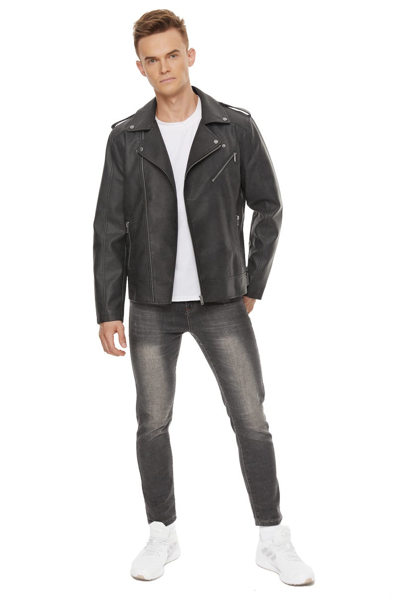 Fahsyee Leather Jackets for Men, Faux Bomber Jacket Mens Motorcycle Lapel Asymmetric Zip-Up Slim Fit Biker Coat Black L - Image 2