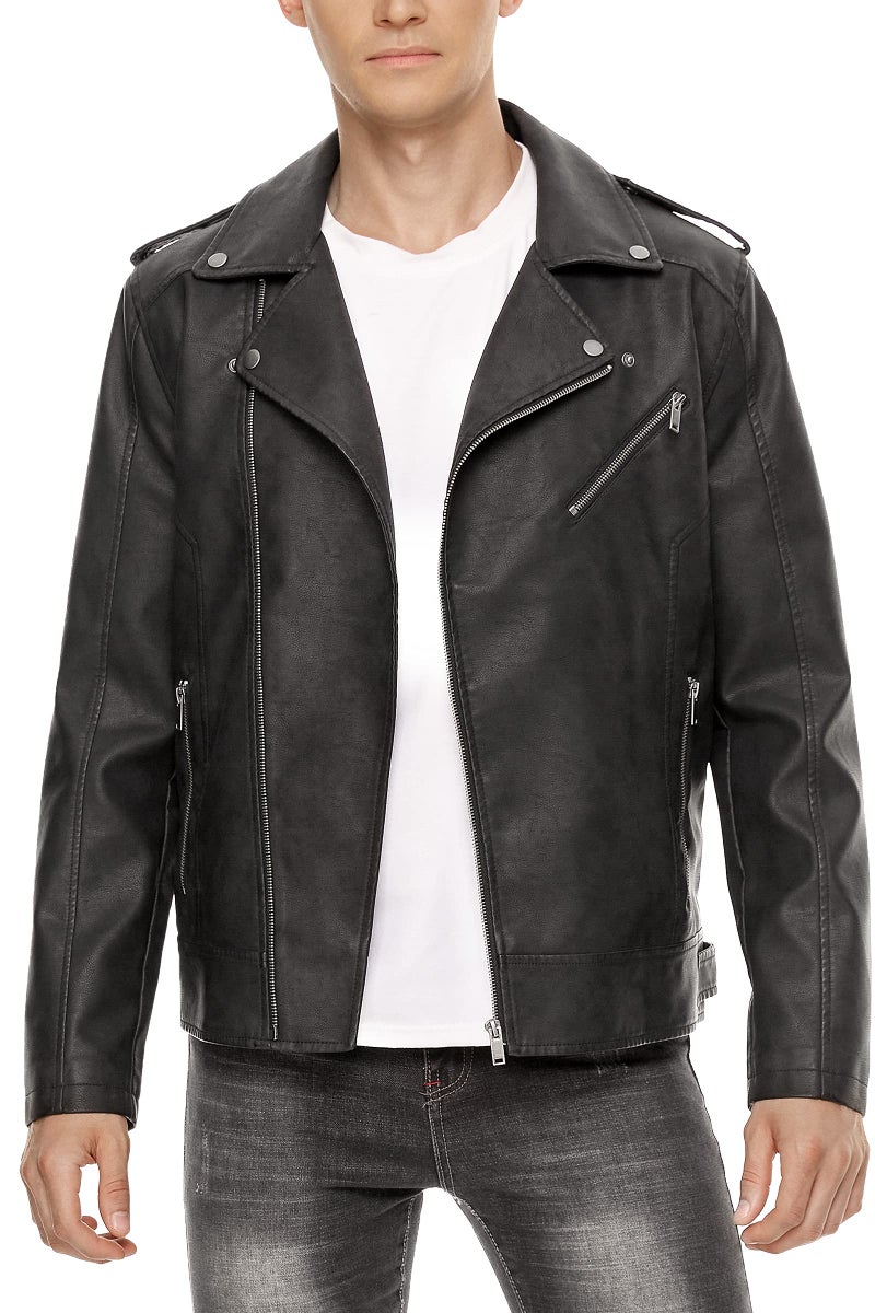 Fahsyee Leather Jackets for Men, Faux Bomber Jacket Mens Motorcycle Lapel Asymmetric Zip-Up Slim Fit Biker Coat Black L - Image 1