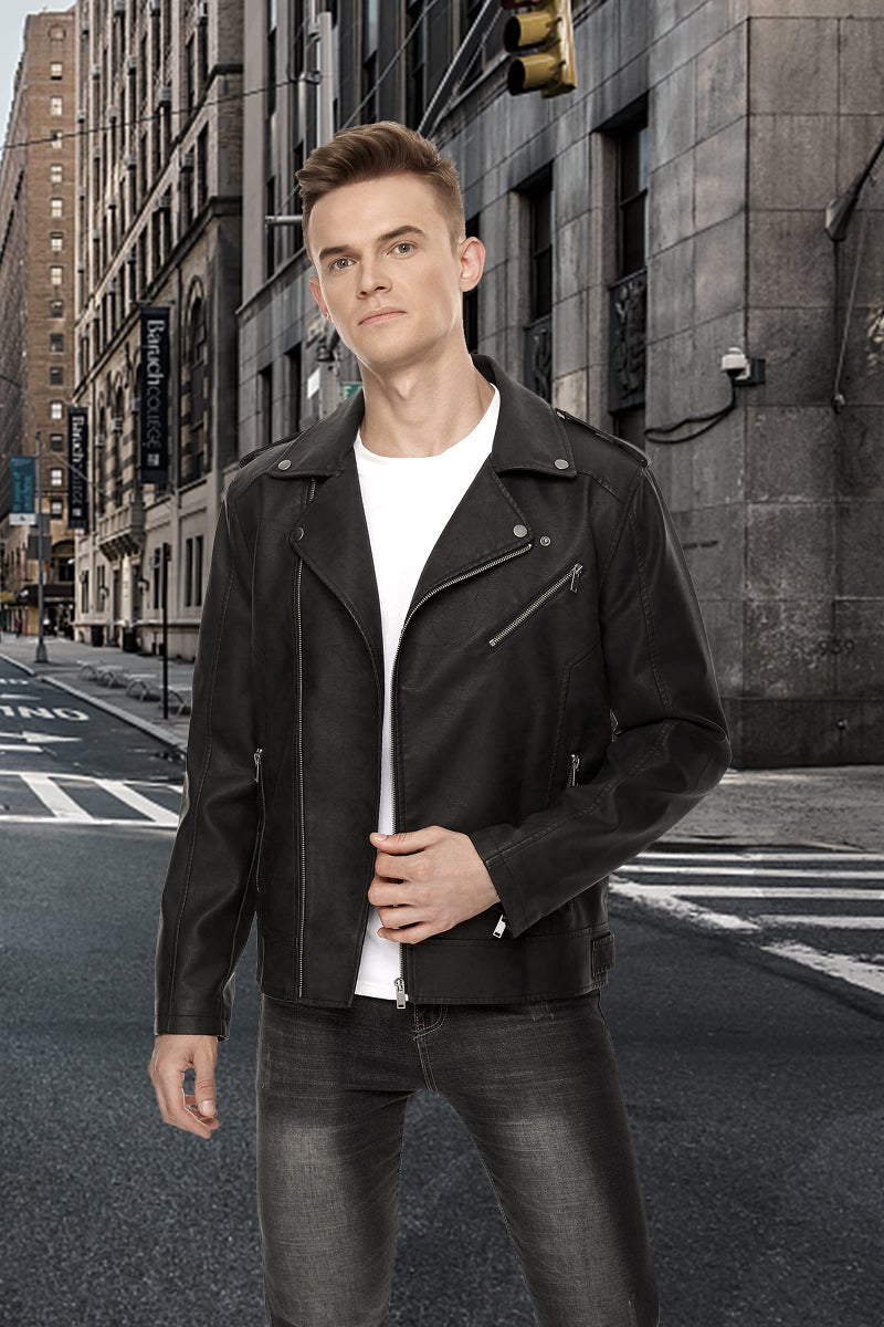 Fahsyee Leather Jackets for Men, Faux Bomber Jacket Mens Motorcycle Lapel Asymmetric Zip-Up Slim Fit Biker Coat Black L - Image 3