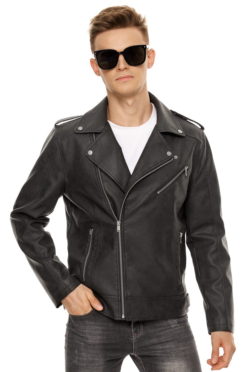 Fahsyee Leather Jackets for Men, Faux Bomber Jacket Mens Motorcycle Lapel Asymmetric Zip-Up Slim Fit Biker Coat Black L - Image 4