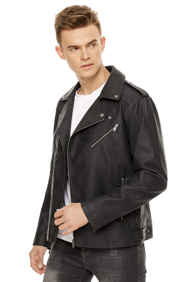 Fahsyee Leather Jackets for Men, Faux Bomber Jacket Mens Motorcycle Lapel Asymmetric Zip-Up Slim Fit Biker Coat Black L - Image 5