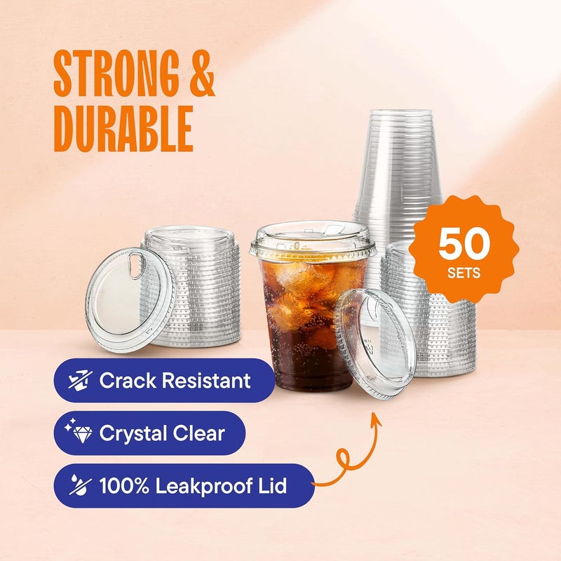 Stack Man 16 oz Clear Plastic Cups with Strawless Sip-Lids [50 Sets] PET Crystal Clear Disposable 16oz Plastic Cups with Lids - Crystal Clear, Durable Cup - BPA Free + Crack Resistant, for Coffee, Juice, Shakes - Image 2