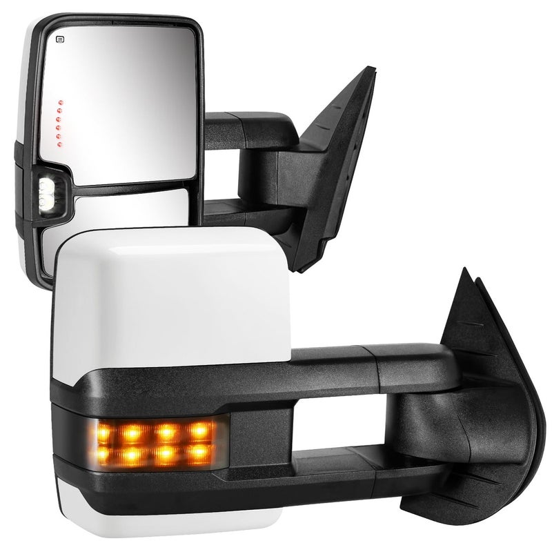 Towing Mirrors for 20072013 Chevy Silverado Suburban Tahoe Avalanche GMC Sierra Yukon with Power Glass Turn Signal Light Backup Lamp Heated Extendable Pair Set white paint 8624