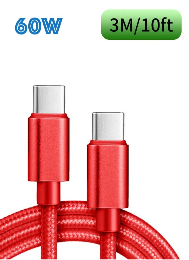 SJet USB C Cable 3M 10ft, Long Braided Power Type C Cable USB C to USB C PD Fast Charging Cable 60W USB-IF Certified for iPhone 16 Series, MacBook, iPad, Samsung, XiaoMi, Pixel ,Mobile, Laptop, PS5, Camera, DJ Pocket (RED)  - Image 1