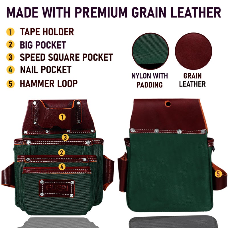 FUERI Electrician's Heavy Duty 26 Pocket Leather-Nylon Tool Belt & Bag Combo for Men, Comfort Back Support Padded Belt, 2 Large Storage Capacity Pouches, Best for Framers, Carpenter, Roofing - Image 2