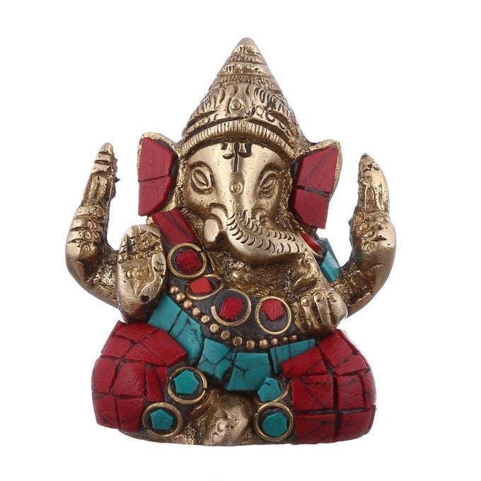 HINDU RELIGIOUS GOD SMALL STATUE OF LORD GANESHA GANAPATHI OR VINAYAKA IN SOLID BRASS METAL WITH TURQUOISE GEMSTONE WORK FOR TABLE TOP HOME TEMPLE OR OFFICESHOP PUJA 10954