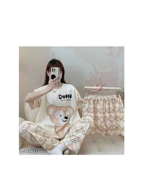 3 PCs Short Sleeve Night Suit Set Cute Cartoon Print Loose Sleepwear Dress Pajama Set for Women