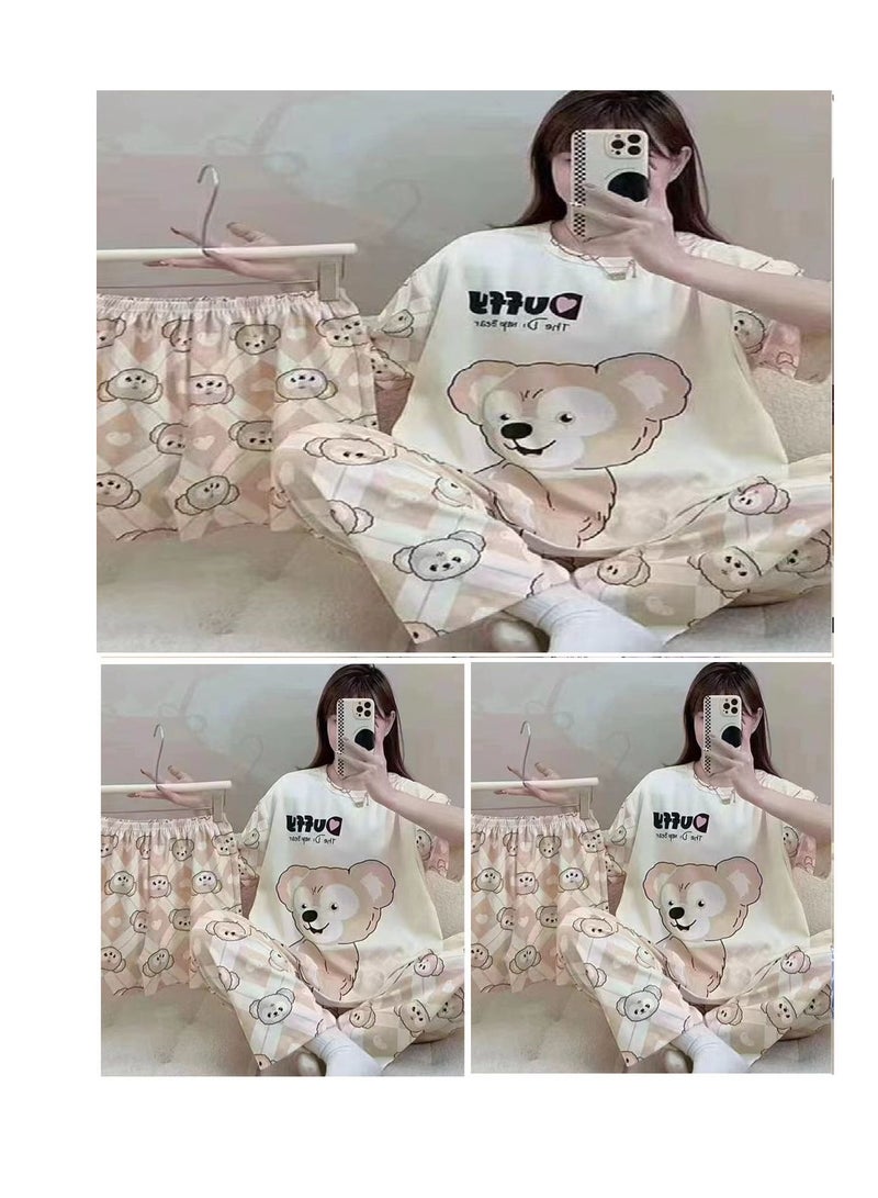 BAIG 3 PCs Short Sleeve Night Suit Set Cute Cartoon Print Loose Sleepwear Dress Pajama Set for Women - Image 2