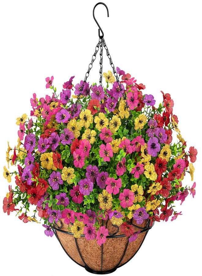 Roberly Artificial Hanging Flowers for Outdoors with Hanging Basket Fake Silk Flowers Plastic Faux Plants UV Resistant for Spring Summer Front Porch Porch Patio Garden Home Decor, Mixed Color - Image 1