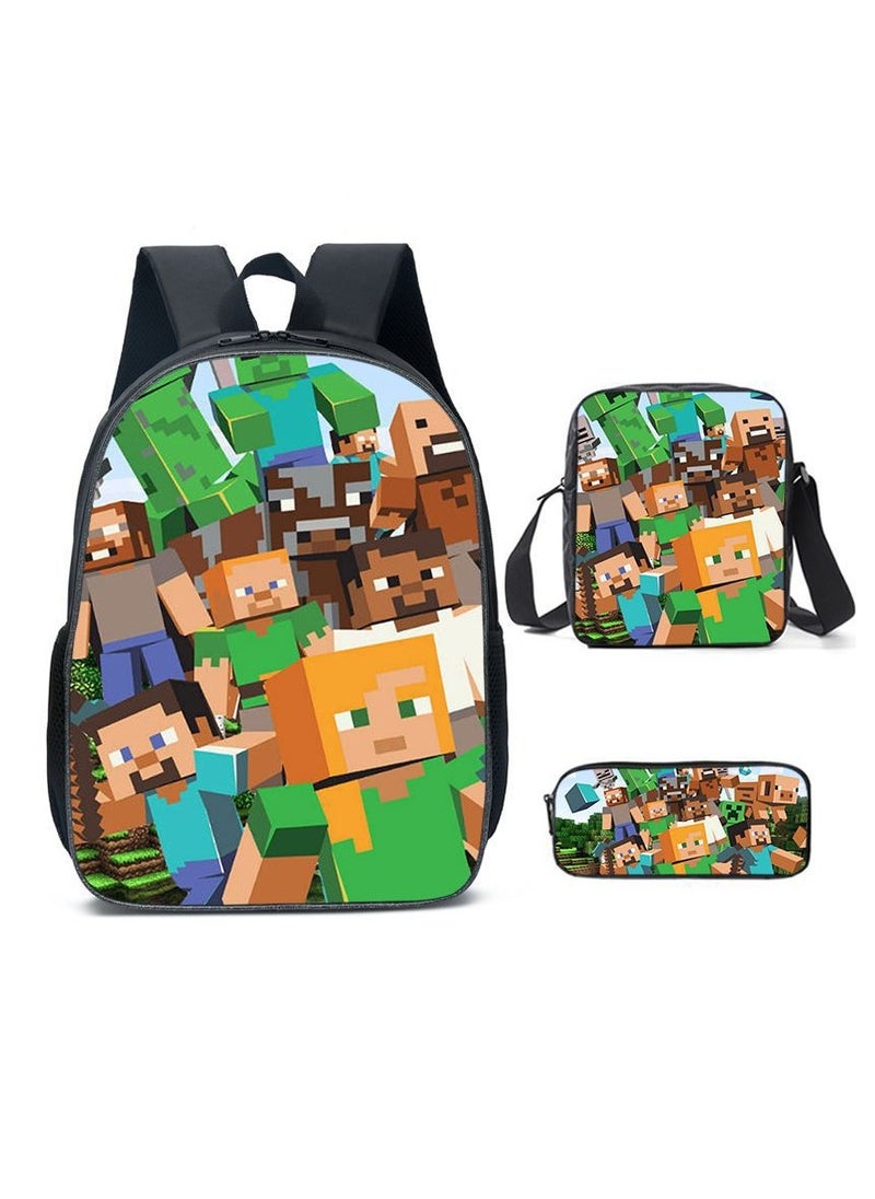 MINECRAFT Digital Printing Large Capacity Backpack Three piece Set Lunch Bag Pen Bag Polyester Comfortable Load Reducing Backpack for Students and Children Unisex  - Image 1