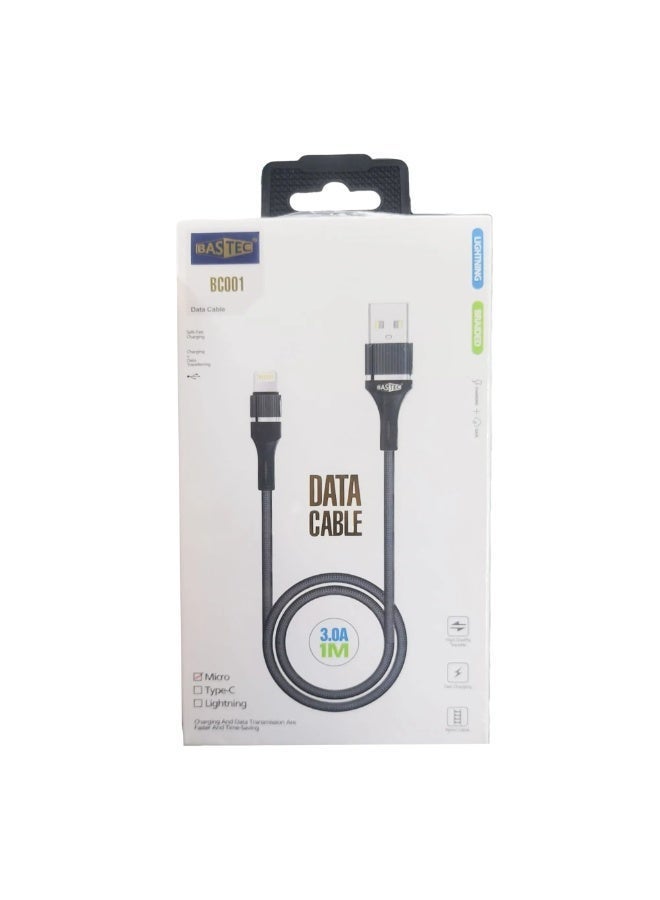 BASTEC - USB to Micro & Lightning Data and Charging Cable, 1M Length, 3.0A Power, Braided Material, Fast Charging, Black Color - Image 1