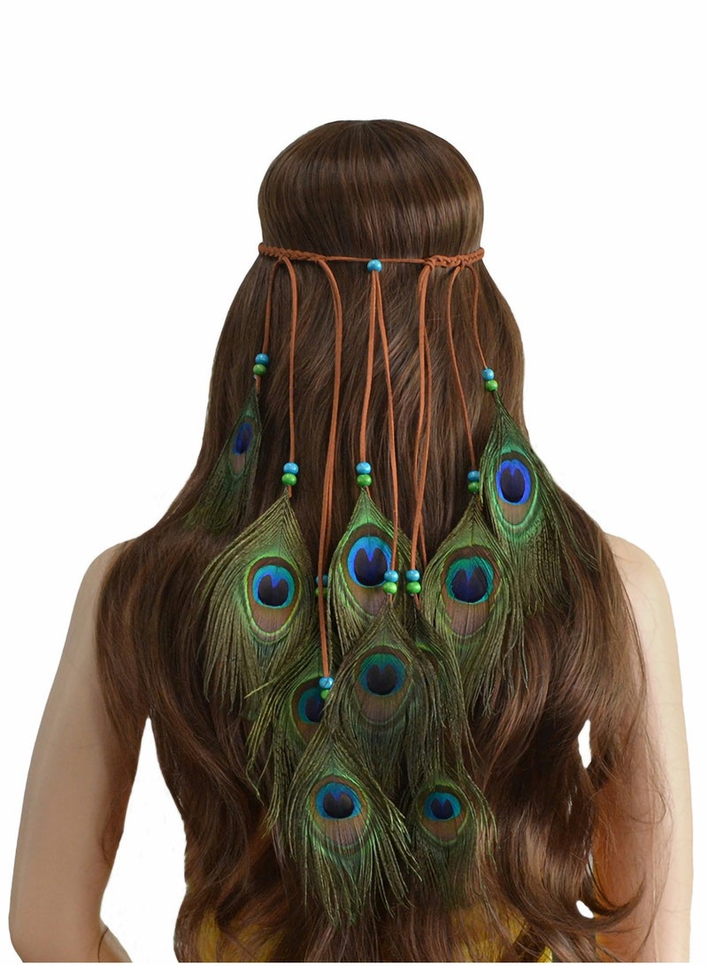 Excefore Peacock Feather Hippie Headband Accessories Bohemia Tribal Indian Headpiece Braided Beads Headwear Festival Hair Decoration (All peacock) - Image 1