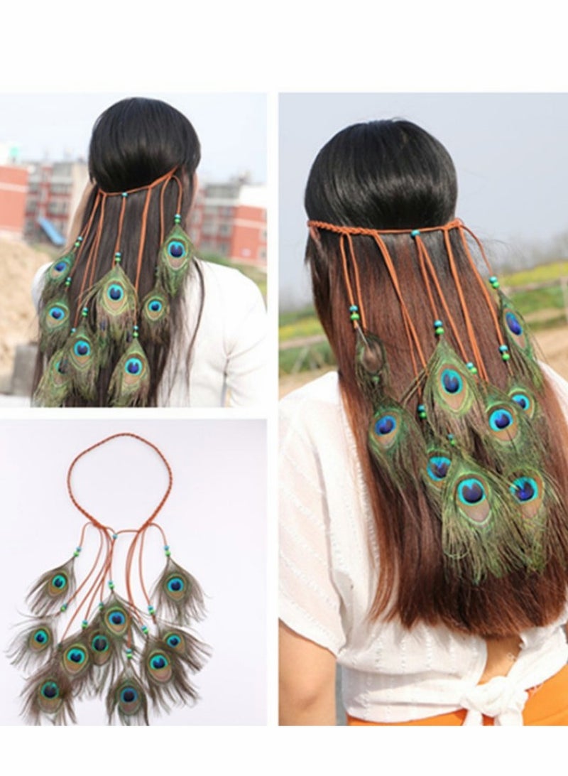 Excefore Peacock Feather Hippie Headband Accessories Bohemia Tribal Indian Headpiece Braided Beads Headwear Festival Hair Decoration (All peacock) - Image 2