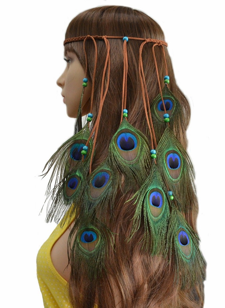 Excefore Peacock Feather Hippie Headband Accessories Bohemia Tribal Indian Headpiece Braided Beads Headwear Festival Hair Decoration (All peacock) - Image 4