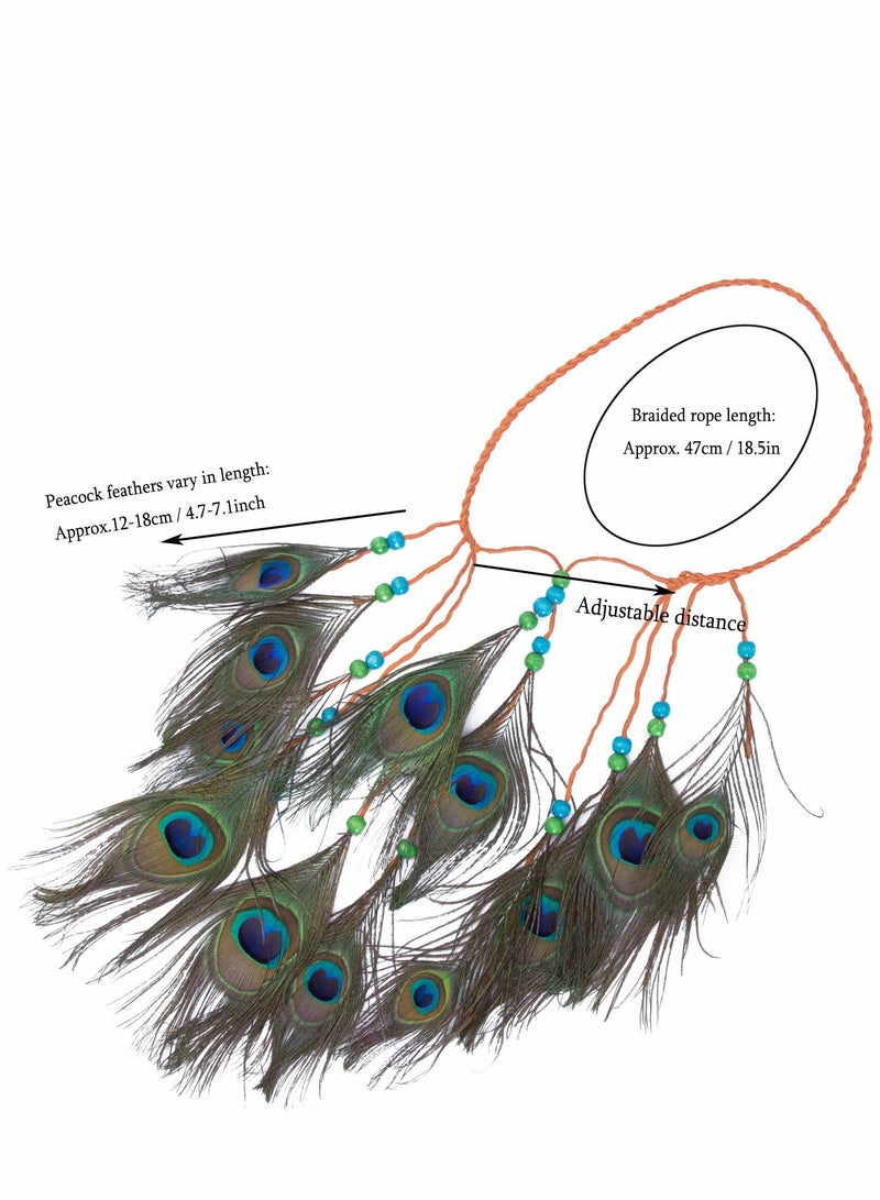 Excefore Peacock Feather Hippie Headband Accessories Bohemia Tribal Indian Headpiece Braided Beads Headwear Festival Hair Decoration (All peacock) - Image 5