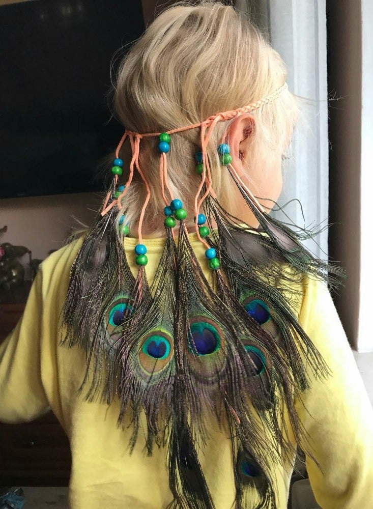 Excefore Peacock Feather Hippie Headband Accessories Bohemia Tribal Indian Headpiece Braided Beads Headwear Festival Hair Decoration (All peacock) - Image 3