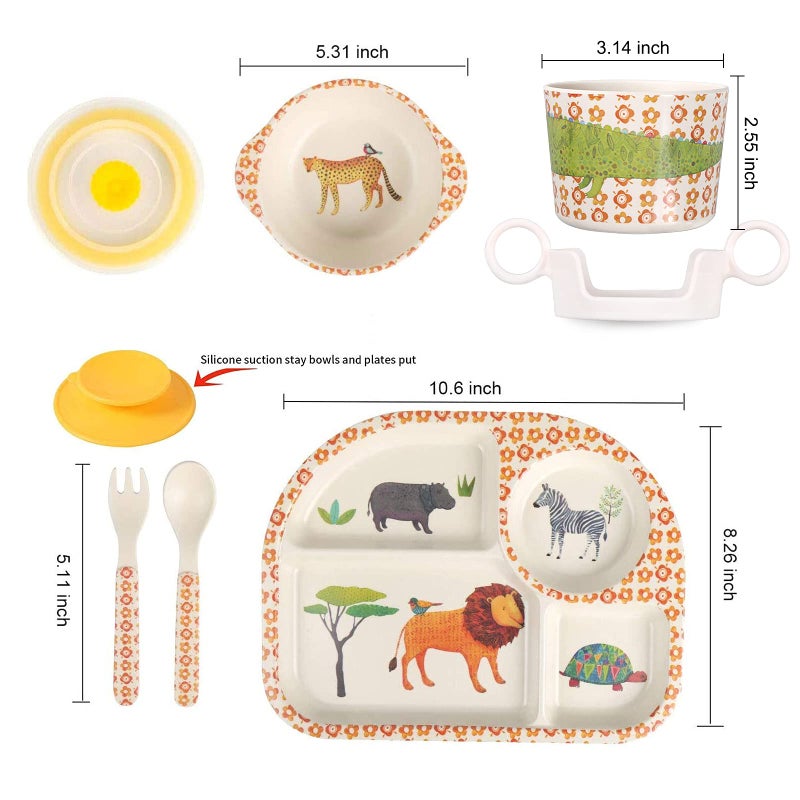 shopwithgreen 7Pcs/Set Bamboo Kids Dinnerware Set - Children Dishes - Food Plate Bowl Cup Spoon Fork Set Dishware, Cartoon Tableware, Dishwasher Safe Kids Healthy Mealtime, BPA Free - Image 2
