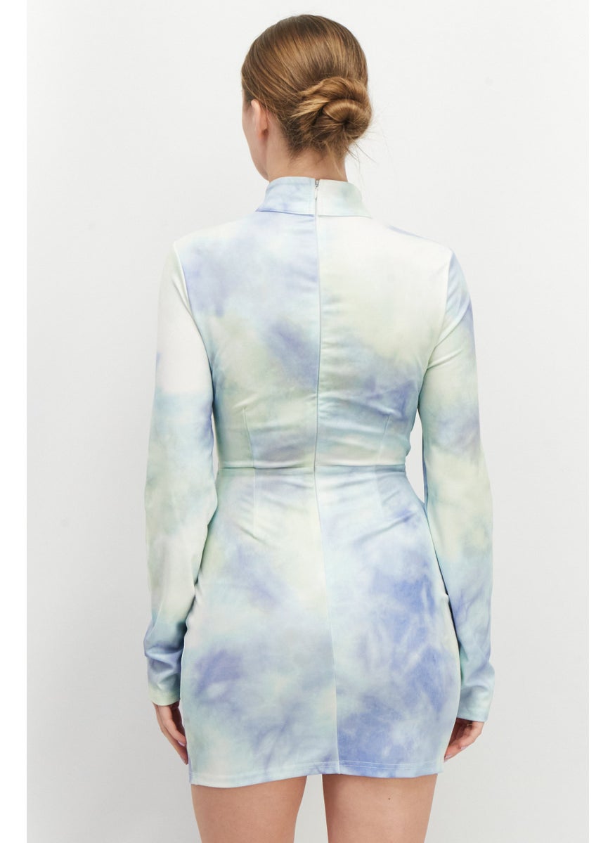 Unique21 - Women Cutout Back Details Long-Sleeve Tie Dye Mini Dress, Mint Combo - Image 1