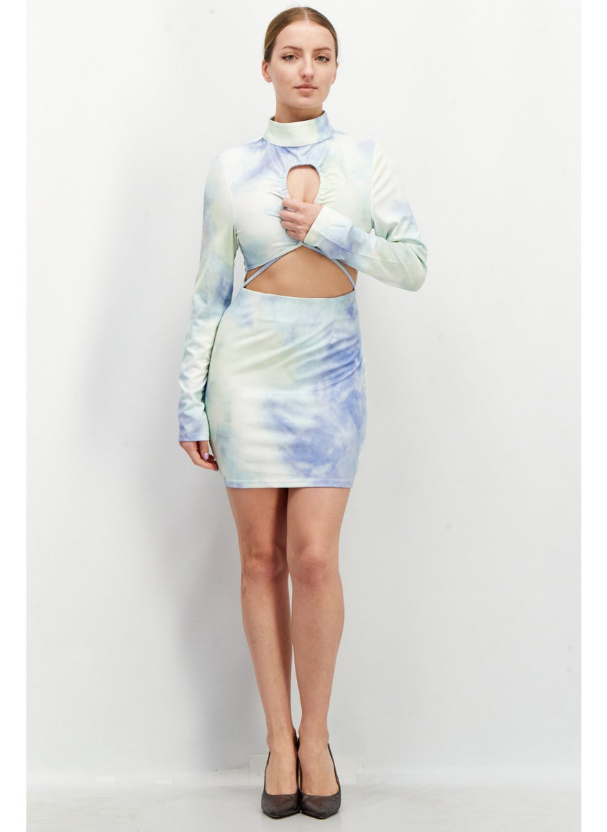Unique21 - Women Cutout Back Details Long-Sleeve Tie Dye Mini Dress, Mint Combo - Image 1