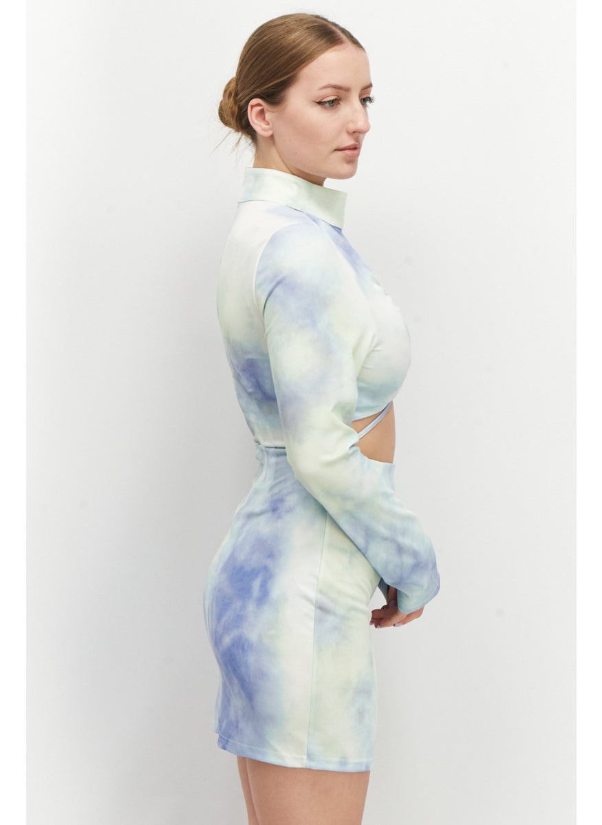 Unique21 - Women Cutout Back Details Long-Sleeve Tie Dye Mini Dress, Mint Combo - Image 1