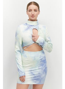 Women Cutout Back Details Long-Sleeve Tie Dye Mini Dress, Mint Combo