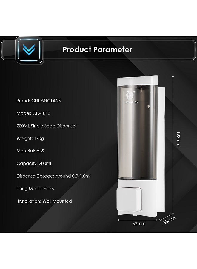 CHUANGDIAN Manual Hand Soap Dispenser with Double Sided Foam Tape Wall Mount Liquid Shampoo Shower Gel Dispenser Hand Cleanser Washroom Lotion Dispenser for Bathroom Restroom Hotel 200ml  - Image 3