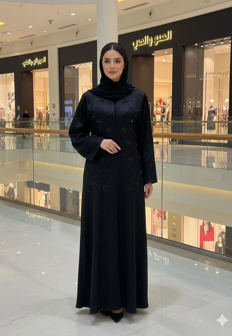 NUKHBAA Black Nida Abaya with Floral Embellishments-805