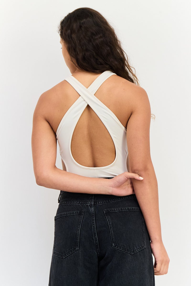 Bershka بدلة نسائية بدون أكمام بتمزق، كريمي - Image 3