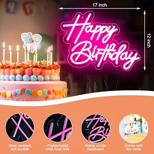 GODENBA Happy Birthday Neon Sign for Wall Decor, USB Powered LED Neon Sign with Dimmable Brightness, Ideal for All Ages Birthday Parties and Celebrations, With 2 Pcs Birthday Cards (17×12 Inch) - Image 2