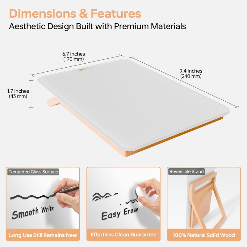 YEOUX Desktop Glass Whiteboard with Reversible Wood Stand, Small White Board, Mini Dry Erase Whiteboard Easel for Desk, Reusable Desk Notepad 9.5"x6.7" for Home, Office, Accessories Included, Yeoux - Image 3