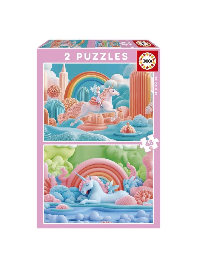 EDUCA Set of 2 children's puzzles with 48 pieces. Magical unicorns. Measurements: 28 x 20 cm. Recommended from 4 years (20223) - Image 1