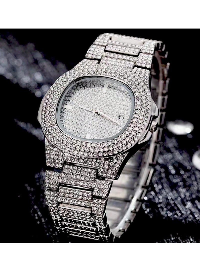 طقم مجوهرات رجالي فخم - ساعة وسوار وسلسلة بتصميم هيب هوب مرصعة - طقم ٣ قطع ستايل كاجوال عصري - Image 4