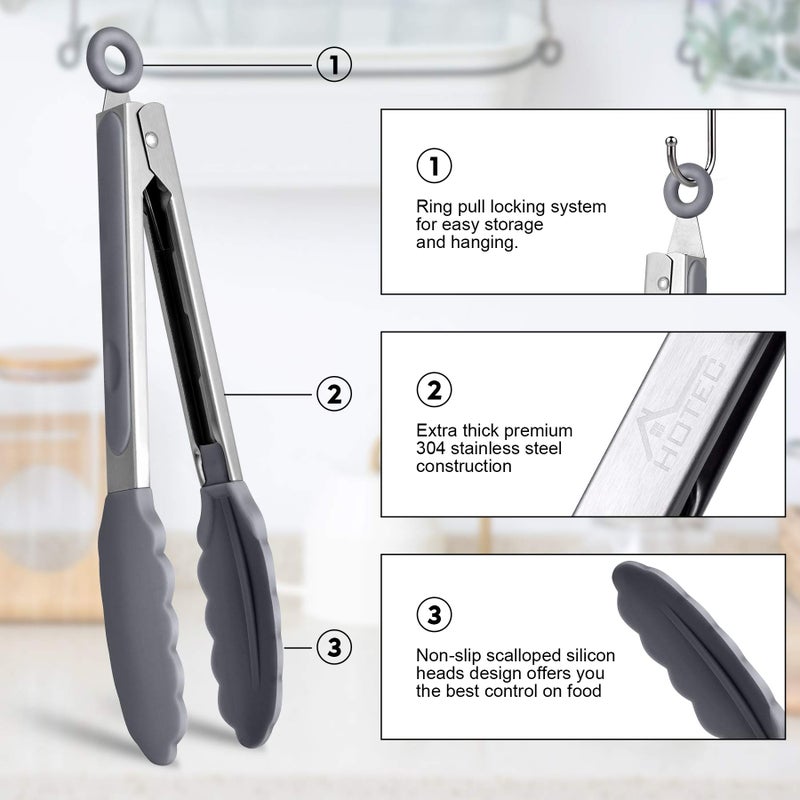 HOTEC Premium Stainless Steel Locking Kitchen Tongs with Silicon Tips, Set of 2-9" and 12" Light Grey - Image 3