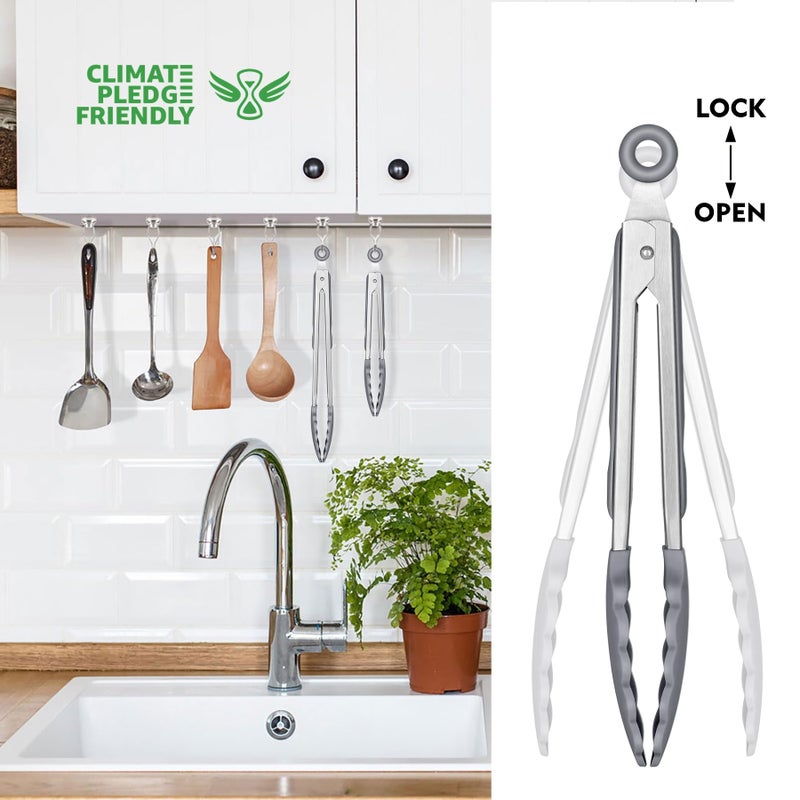 HOTEC Premium Stainless Steel Locking Kitchen Tongs with Silicon Tips, Set of 2-9" and 12" Light Grey - Image 4