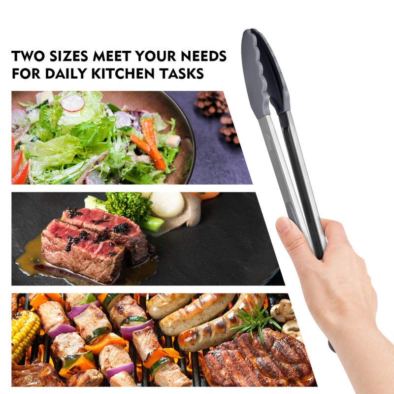 HOTEC Premium Stainless Steel Locking Kitchen Tongs with Silicon Tips, Set of 2-9" and 12" Light Grey - Image 5